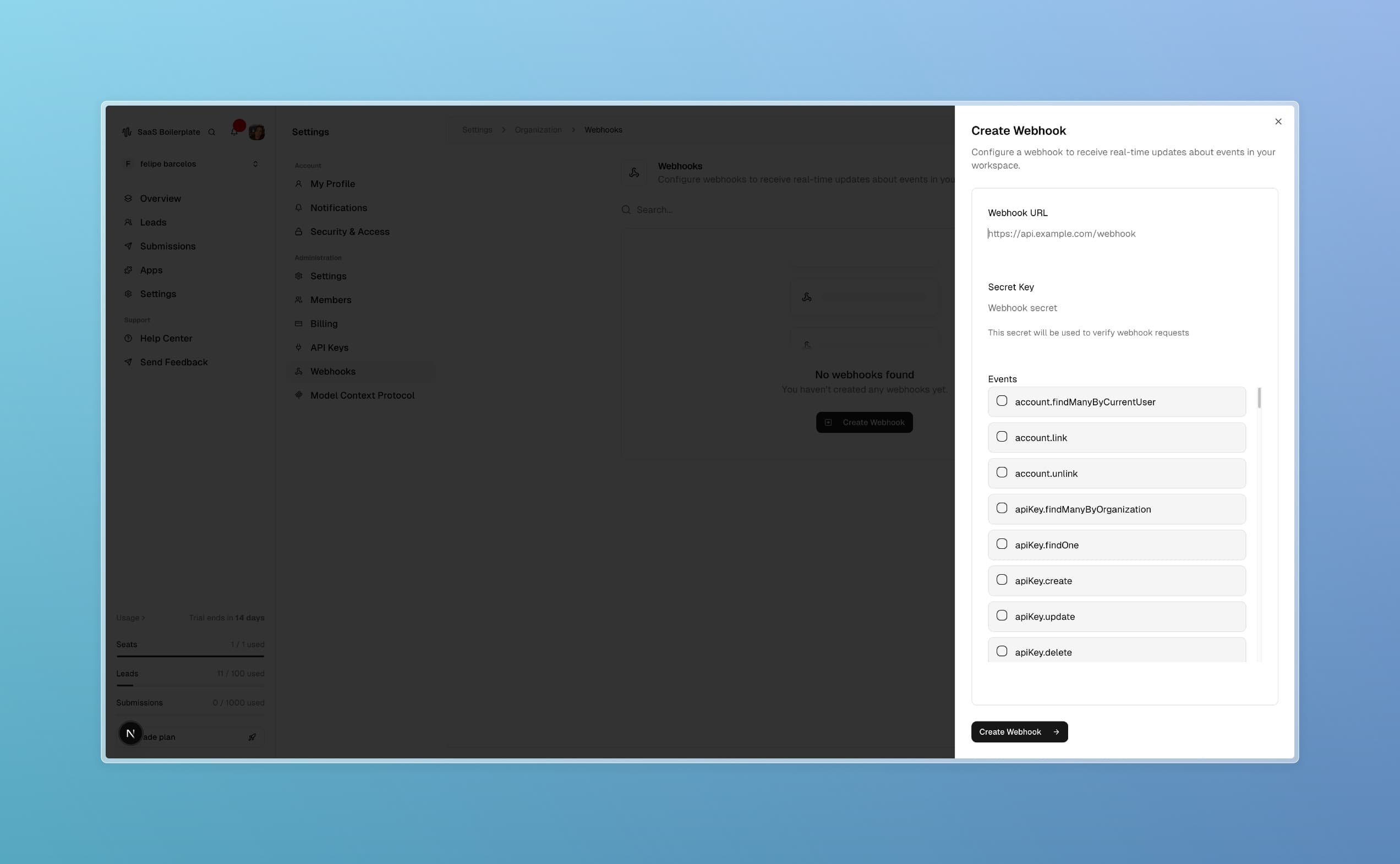 Página de Webhooks com ferramentas de configuração e gerenciamento.